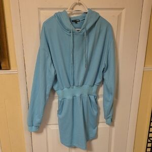 Fashion Nova Light Blue Hoodie Dress With Pockets. Size Medium